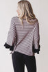 Black Striped Drop Shoulder 3/4 Ruffled Sleeve Loose Top and Ruffled Drawstring Pants 2pcs Outfit
