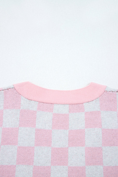 Pink Checkered Christmas Tree Pattern Button V Neck Cardigan Sweater