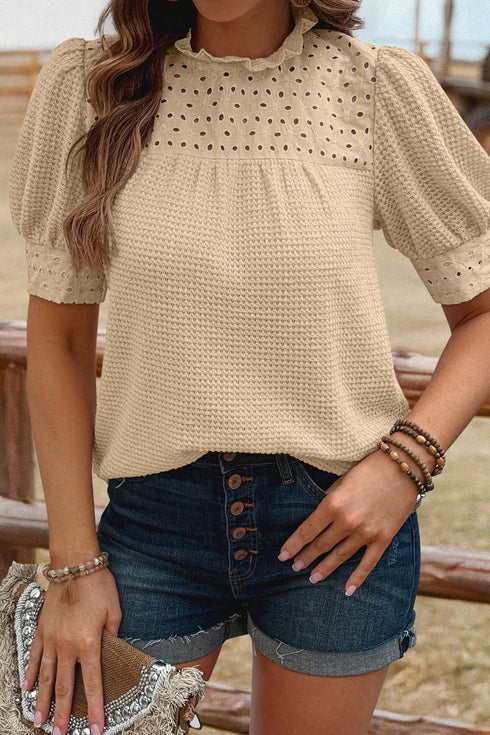 Parchment Textured Knit Eyelet Embroidered Patchwork Ruffled Neck Short Sleeve Blouse