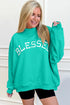 Sea Green Oversize Blessed Embroidered Mock Neck Sweatshirt