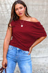 Burgundy Plus Size Solid Color Asymmetric Neck Short Sleeve Blouse