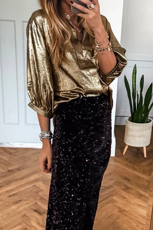 Gold Metallic Split Neck Half Sleeve Blouse