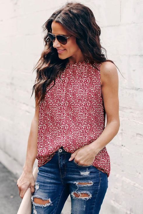 Fiery Red Leopard Print Ruffled Neck Tank Top