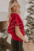 Racing Red Pearl Embellished Double Ruffle Short Sleeve Sweater