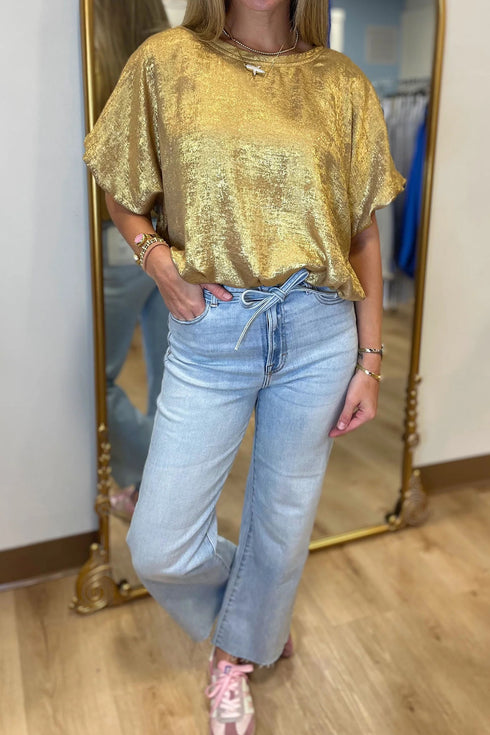 Gold Metallic Short Puff Sleeve Loose Blouse