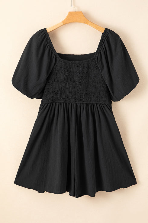 Black Square Neck Ruched Puff Sleeve Romper