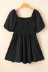 Black Square Neck Ruched Puff Sleeve Romper