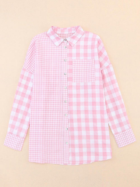 pink-mix-checked-patchwork-long-sleeve-shirt