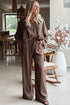 Dark Brown Braided V Neck Long Sleeve Loose Top and Drawstring High Waist Pants 2pcs Outfit