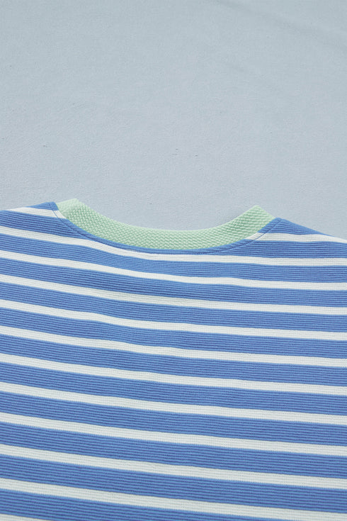 Sky Blue Stripe Contrast Trim Loose Short Sleeve Top