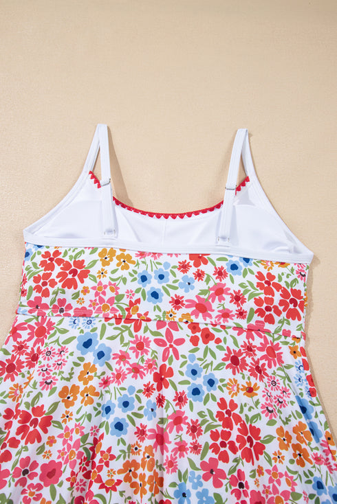 Red Floral Print Ricrac Trim Spaghetti Strap One Piece Swim Dress