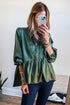 Mist Green Satin Half Button Lace Insert Neckline 3/4 Sleeve Peplum Blouse