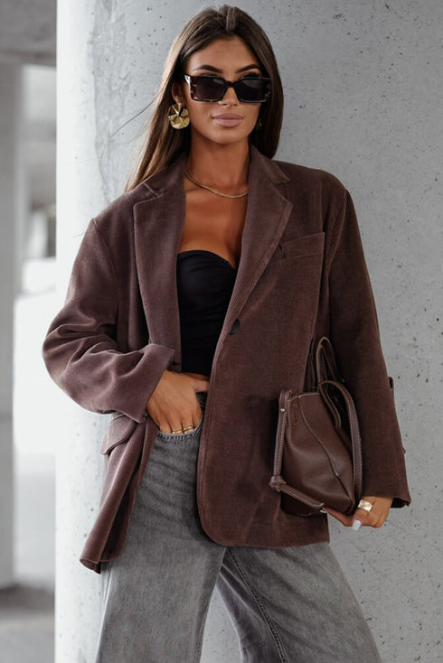 Dark Brown Solid Color Lapel Collar Winter Corduroy Blazer