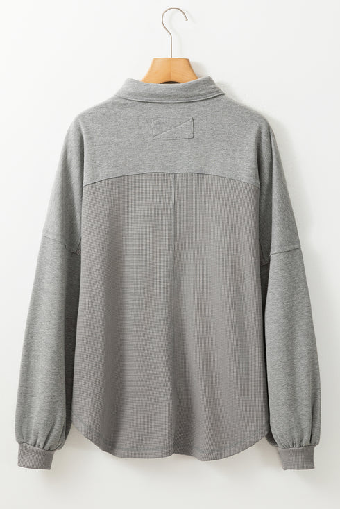 Medium Grey Waffle Knit Patchwork Exposed Seam Loose Shacket