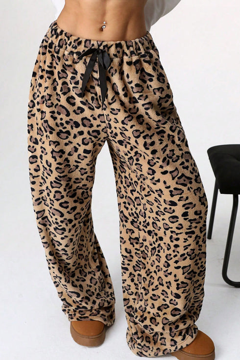 Brown Contrast Ribbon Bow Decor Leopard Print Plush Wide Leg Pants