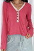 Racing Red Ribbed Texture Contrasted Lace Trim Button V Neck Long Sleeve Top