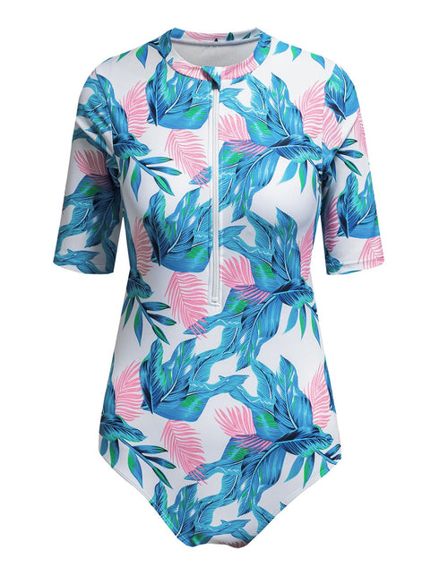 fiery-red-blue-leaves-zip-front-half-sleeve-one-piece-swimsuit