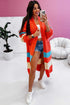 Orange Color Block Side Pockets Open Front Long Cardigan