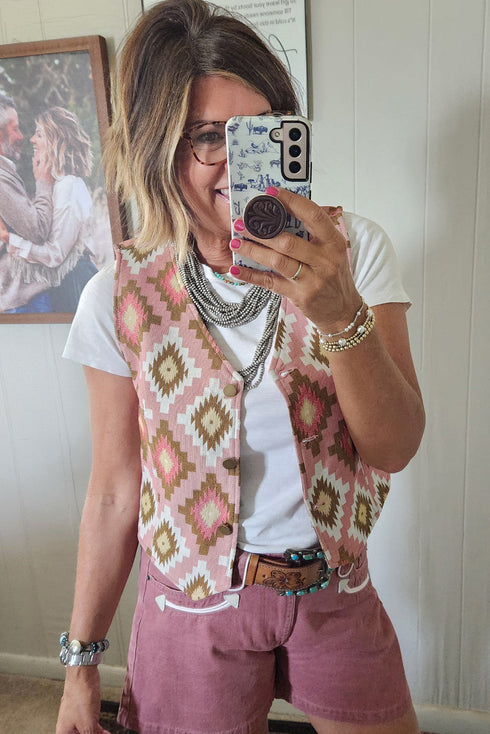 Pink Western Aztec Print Cropped Vest