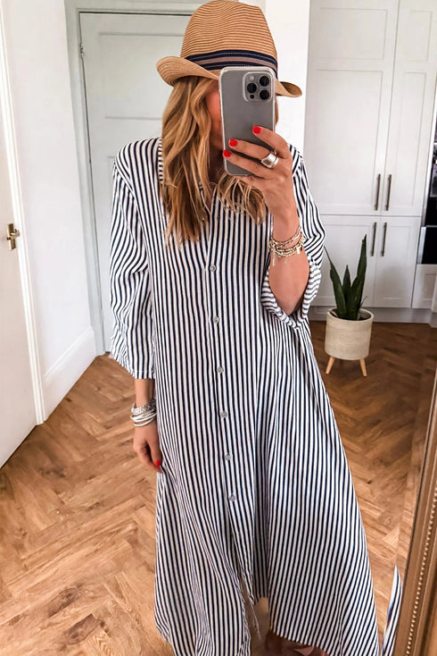 Black Stripe Side Pockets Buttoned Loose Fit Maxi Dress