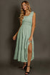Green Shirred Pleated Square Neck Sleeveless Midi Dress