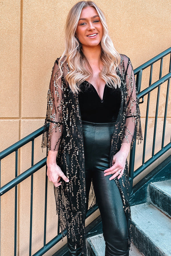 black-sequin-sheer-long-sleeve-open-front-kimono