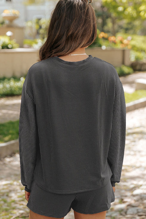 Carbon Grey Twisted Ribbed Sequin Cherry Patched Long Sleeve Pullover and Shorts 2pcs Set