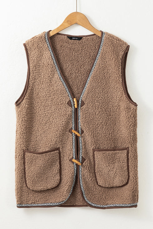 Dark Khaki Sherpa Contrast Trim Patch Pocket Cartridge Toggle Button Vest