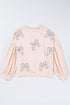 Parchment Embroidered Bow Lantern Sleeve Oversized Pullover Sweatshirt