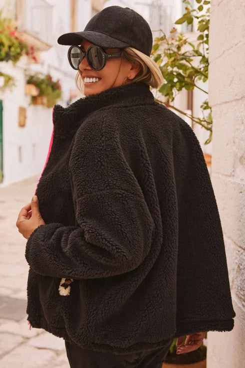 Black Fuzzy Contrast Trim Full Zip Sherpa Jacket with Pockets