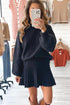 Black High Neck Puff Sleeve Sweater Pleated Mini Skirt 2pcs Knitted Outfit