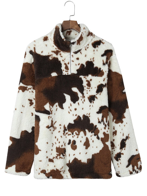 zip-collar-cow-print-fleece-sweatshirt