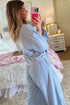 Beau Blue Flounce Long Sleeve Top Drawstring Pants Contrast Velvet Bow Knot 2pcs Lounge Set