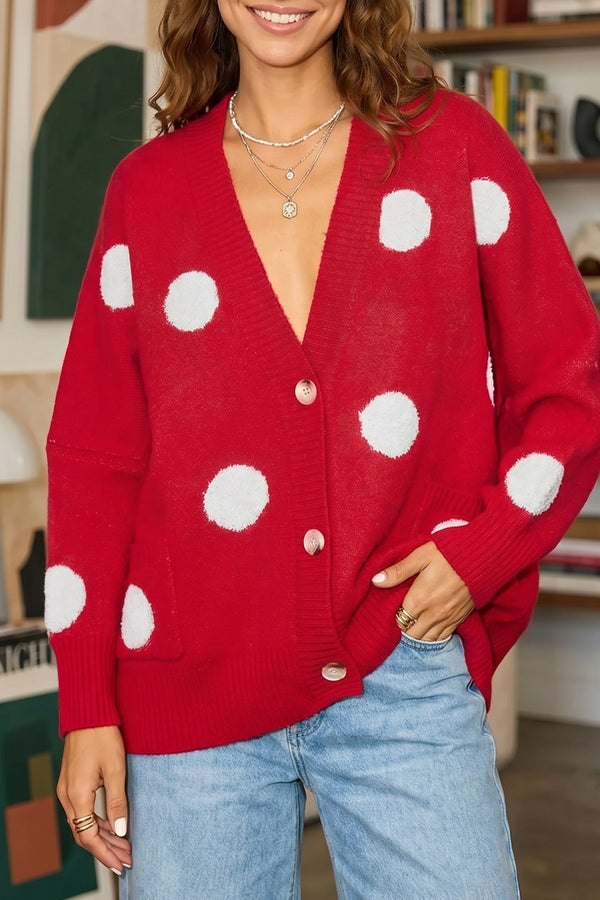Trendy Women's Oversized Red Polka Dot V-Neck Cardigan with Button Closure – Stylish, Comfortable Layering Essential