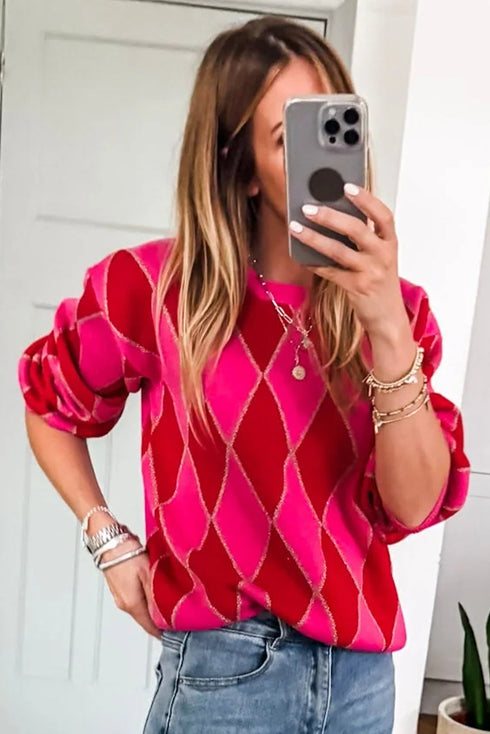 Rose Red Glitter Rhombus Pattern Knit Womens Casual Sweater