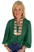 Blackish Green Contrast Plaid Patchwork V Neck Long Sleeve Blouse