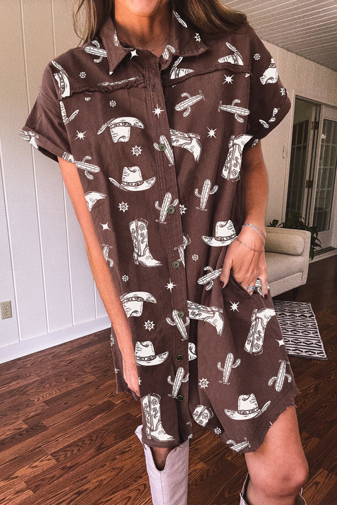 Brown Cowgirl Hats Boots Cactus Print Raw Edge Button Down Short Denim Dress