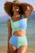 Sky Blue Corded Colorblock Square Neck Bikini Swimsuit