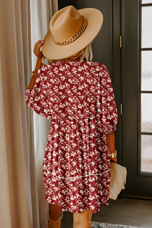 Red Floral Print Contrast Trim Button Tie Neck Swing Dress