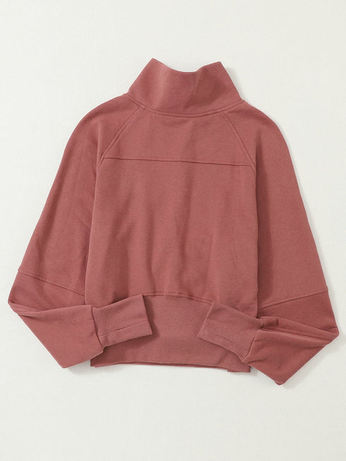 brown-zip-up-stand-collar-ribbed-thumbhole-sleeve-sweatshirt
