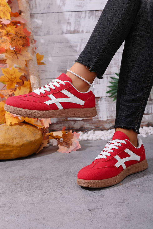Racing Red Faux Suede Contrast Patchwork Detail Lace Up Flat Sneakers