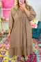 Chestnut Smocked V Neckline Leopard Piping Accent Bracelet Plus Size Long Dress