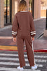 Chestnut Varsity Stripe Patchwork Puff Sleeve Pullover Drawstring Wide Leg Pant Set