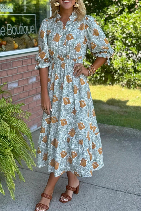 Brown Floral Printed Frilled V Neck Bracelet Sleeve Midi Dress