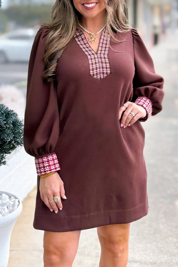 Coffee Contrast Plaid Trim Patchwork Collared Plus Size Shift Mini Dress
