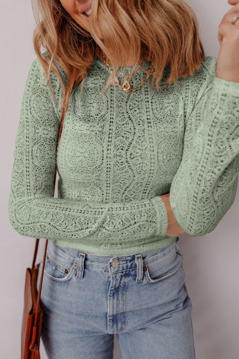 Smoke Green Semi Sheer Lace Long Sleeve Cropped Top
