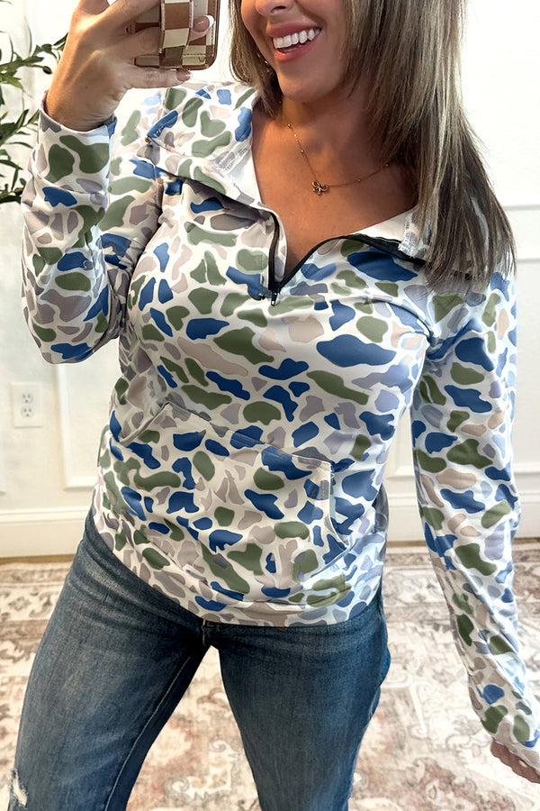 Blue Camouflage Print Kangaroo Pocket Zip Collar Pullover Sweatshirt