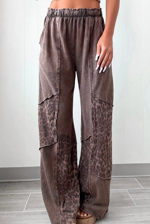 Coffee Mineral Wash Leopard Patchwork Loose Pants