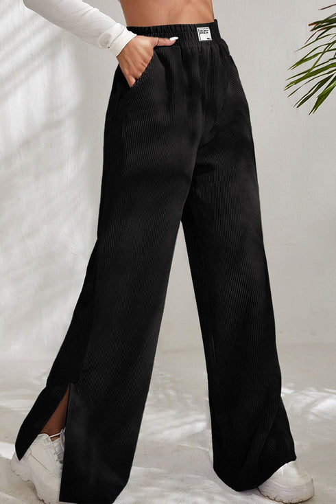 Black Solid Color Split Hem Wide Leg Corduroy Pants