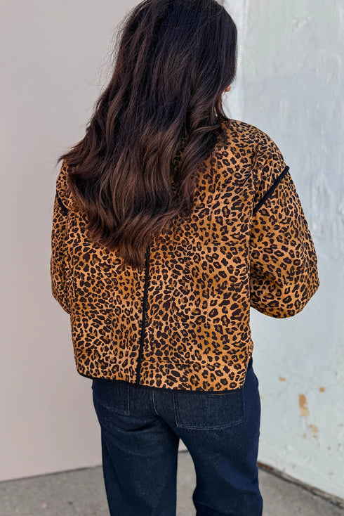 Brown Leopard Quilted Contrast Piping Jacket with Pockets